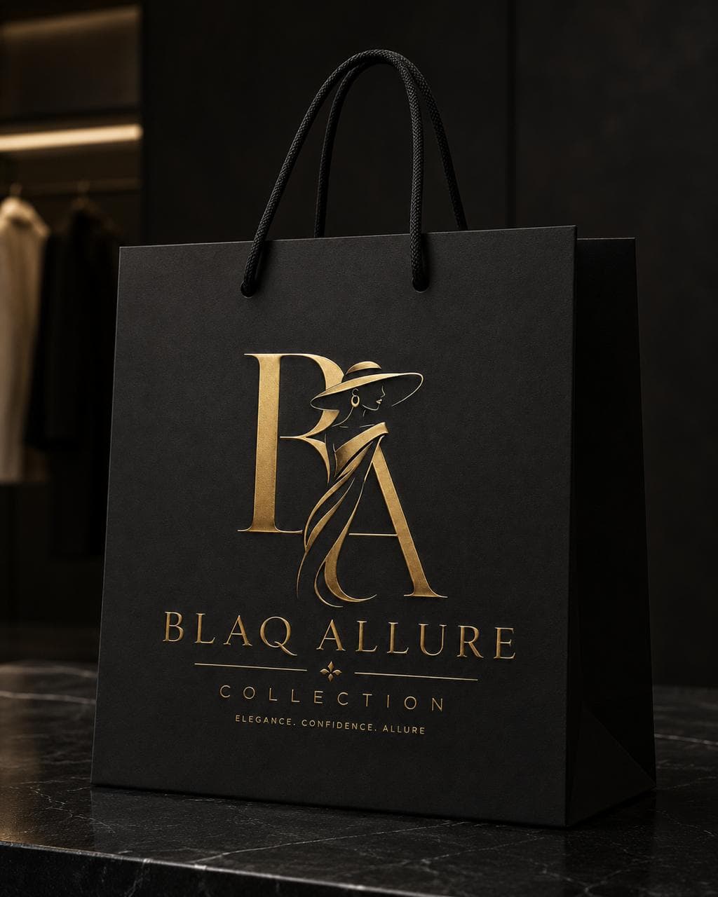 Blaq Allure Collection black and gold presentation bag