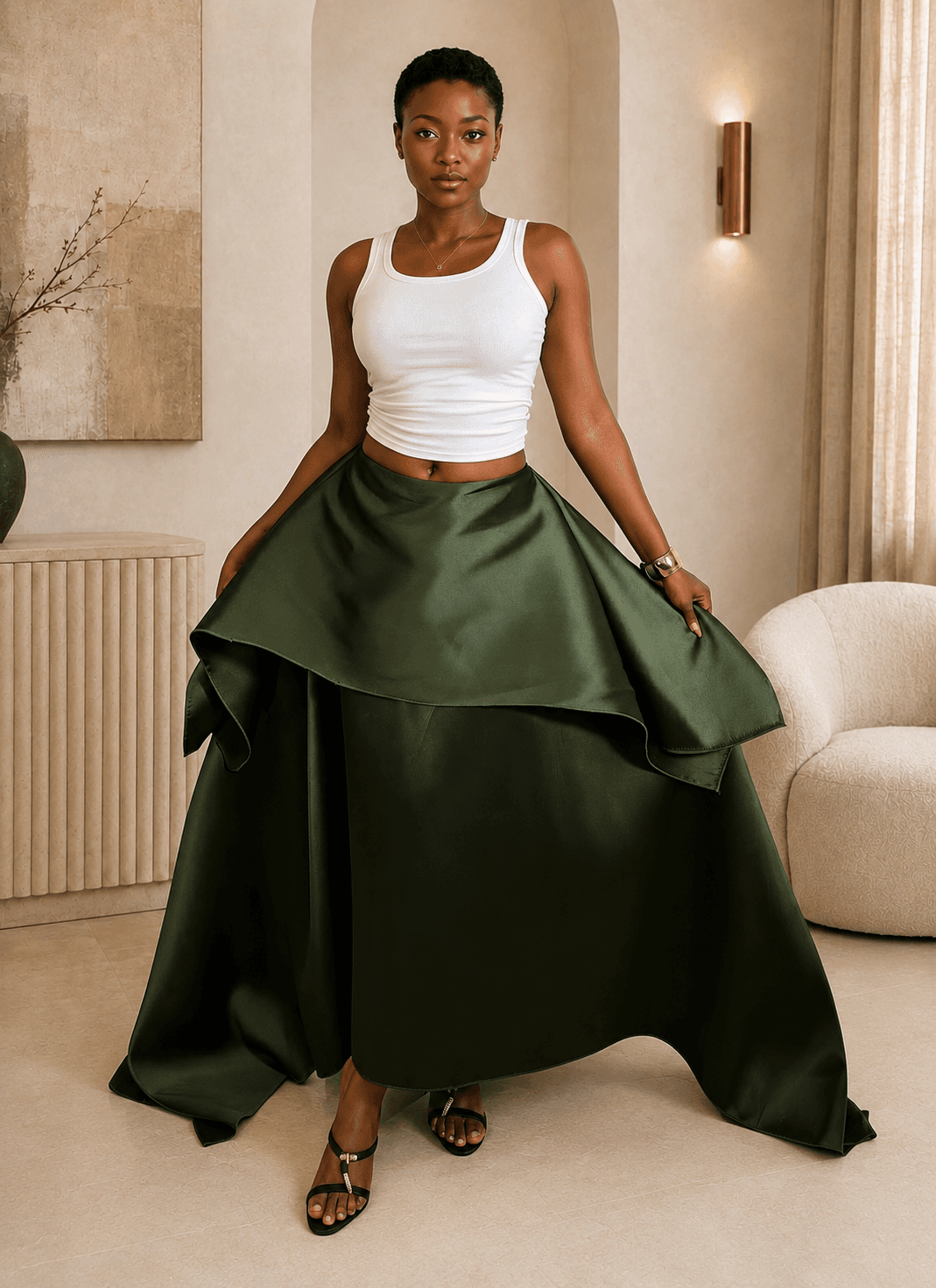 Model wearing The Elera Skirt – Green in a full front view.