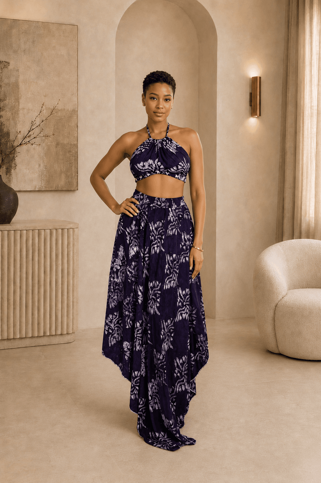 Model wearing Aso Amara – Midnight Plum in a full front view.