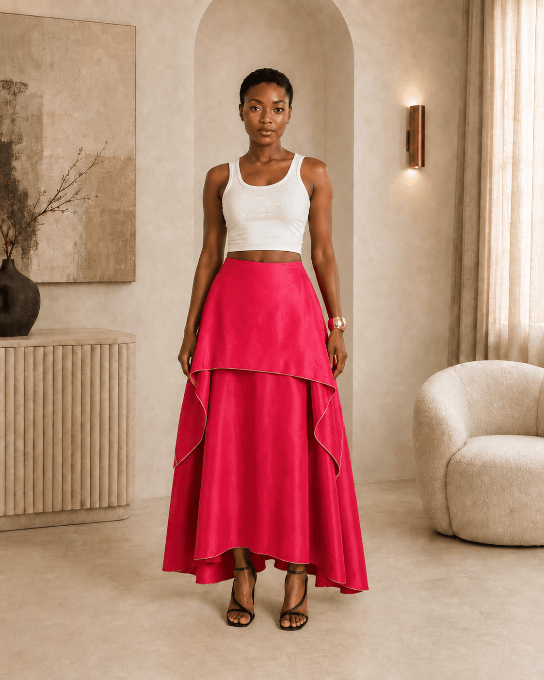 Model wearing The Elera Skirt – Pink in a full front view.