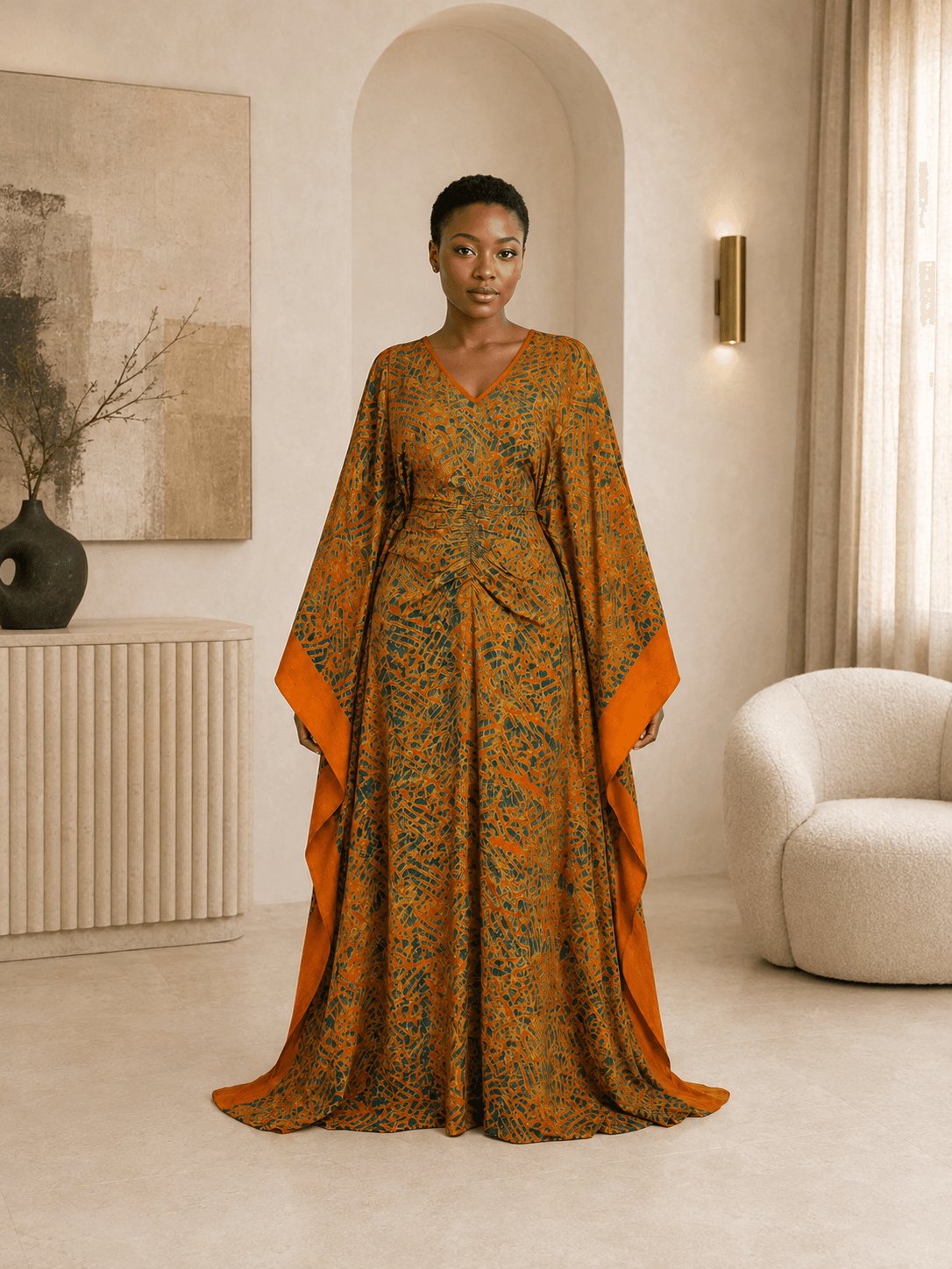 Model wearing The Heritage Kaftan in a warm modern interior