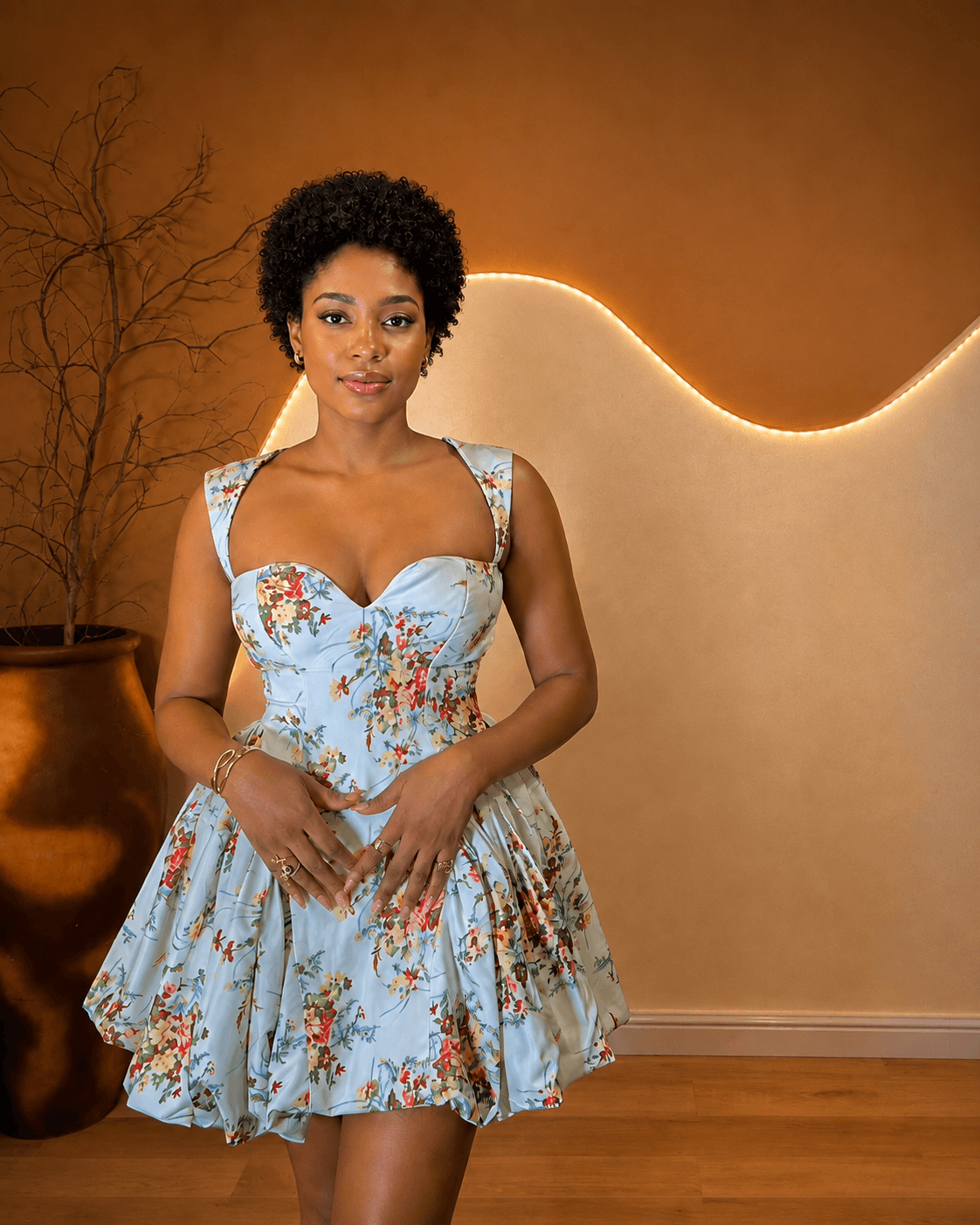 Front view of the Ireti Dress in powder blue garden floral.