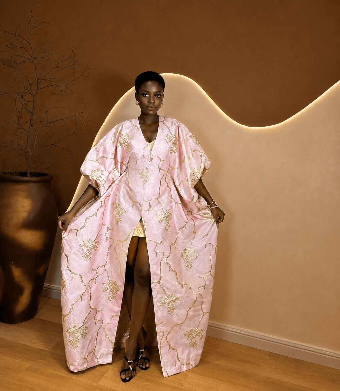 Model wearing Oriyah Three-Piece Set in a full front view.