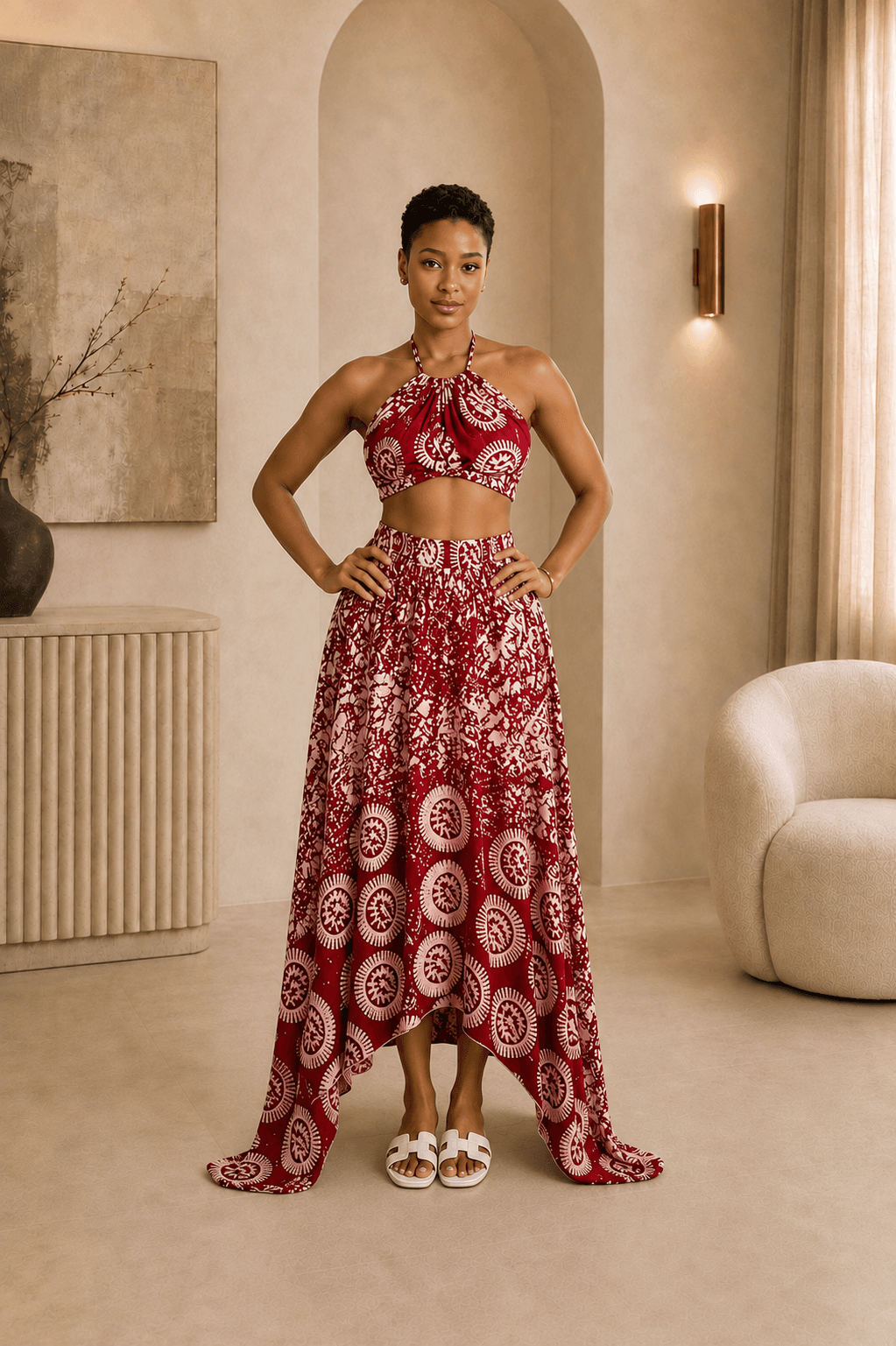 Model wearing Aso Amara – Burgundy Sunburst in a full front view.