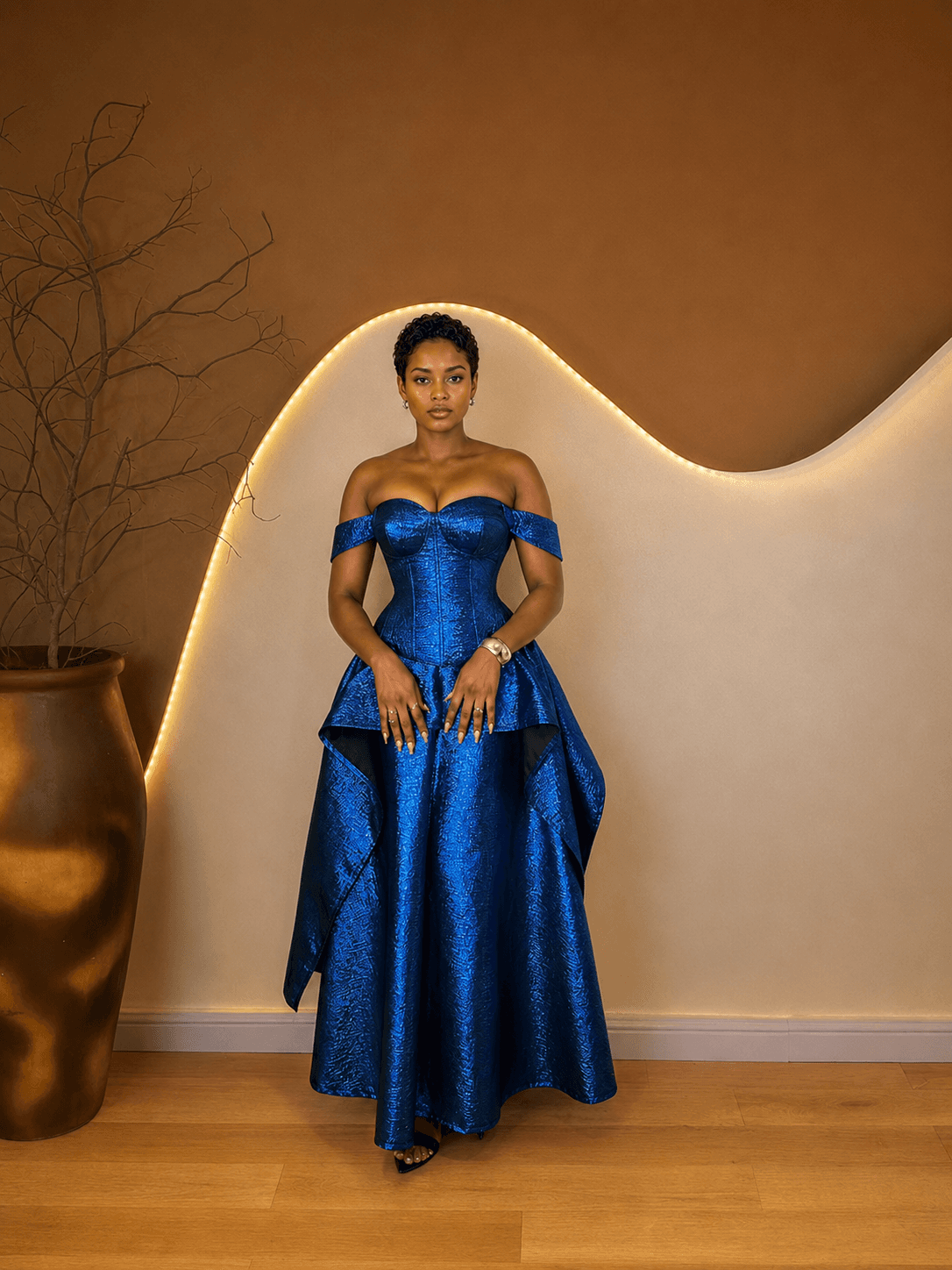Full front view of the Adunni Set in luminous cobalt blue.