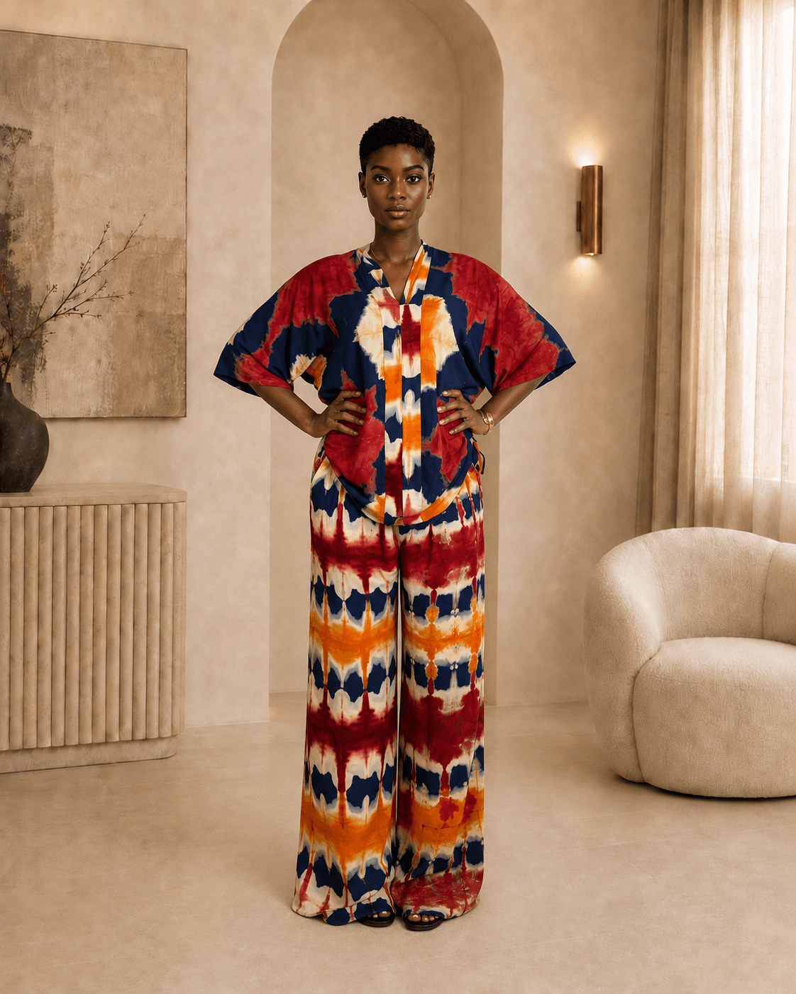 Model wearing Adire Muse Set in a full front view.